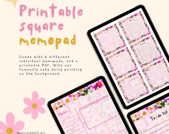 Printable notepad, pink daisies memo pad, to-do lists, monthly calendar