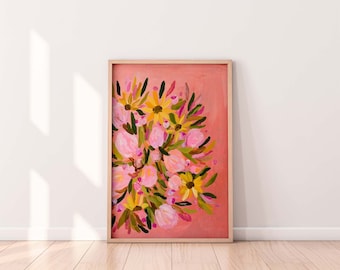 Peach protea sunflower posy - botanical art print