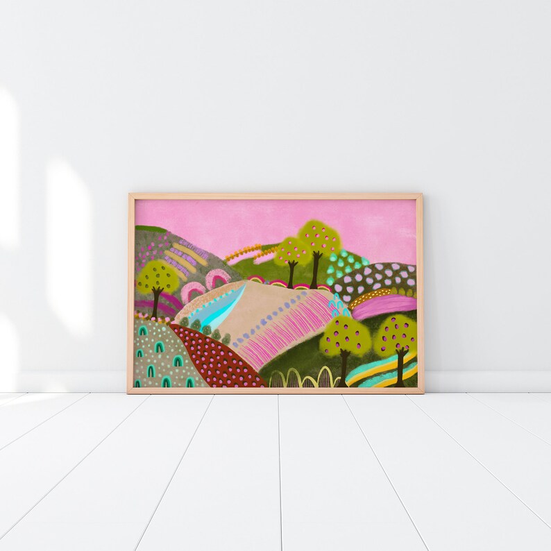 Pink mountains landscape nursery art print image 1