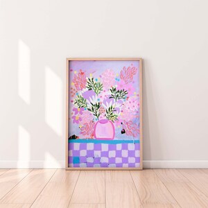 Lilac gingham floral bouquet vase - botanical art print