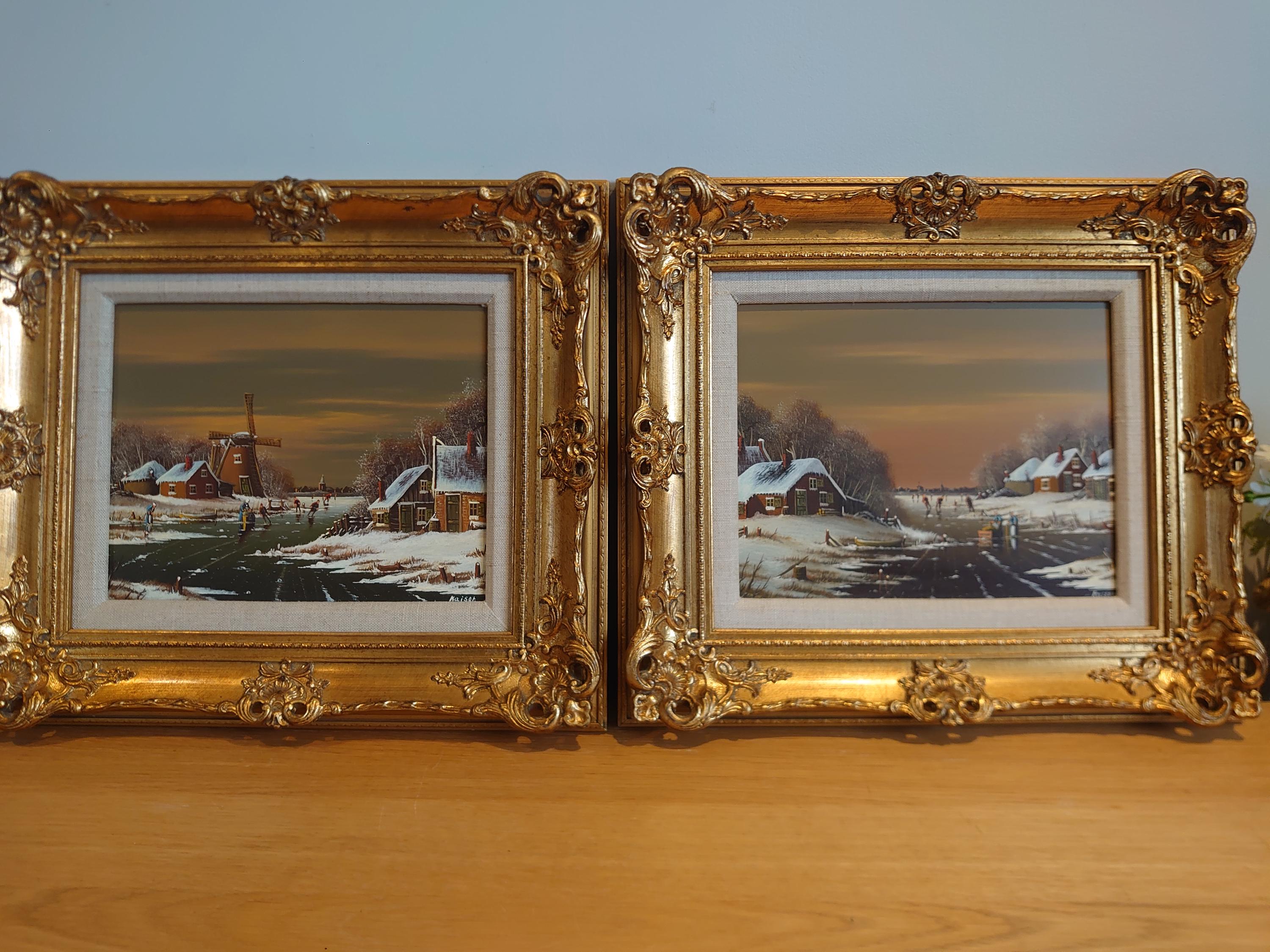 Genuine Pair of Johannes Kaiser Oil on Board Paintings in Gilt