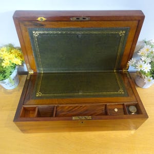 Victorian campaign style mahogany writing slope desk top stationary box with green leather interior & inkwell  45x 25 x 16 cm
