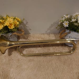 Op de afbeelding: Een messing bugel ligt op een zachte, lichtbruine ondergrond, geflankeerd door twee kleine metalen emmers met touwhandvatten. De ene emmer bevat gele bloemen, de andere witte. De beker en buizen van de bugel zijn zichtbaar.