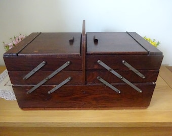 Antique oak sewing box of concertina design in lovely condition circa 1900 or earlier