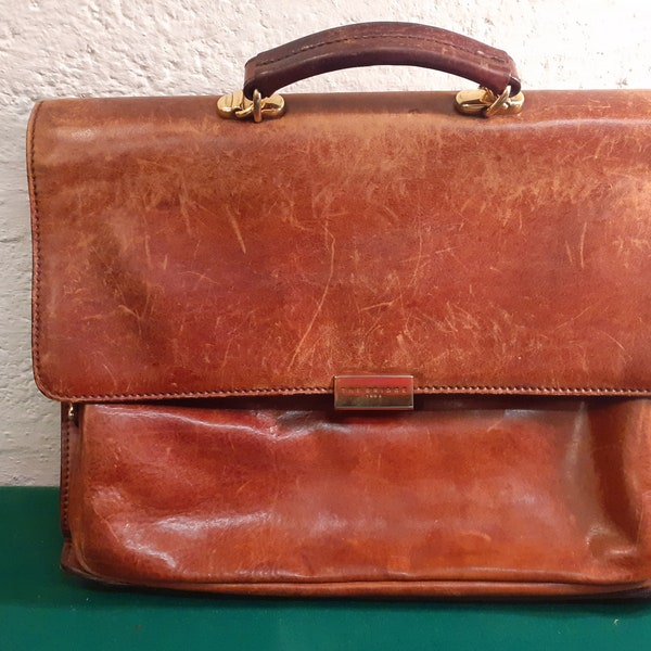 Vintage brown leather attache case 4 zipped / compartments / 2 large open sections Made in Italy Italian leather 1969