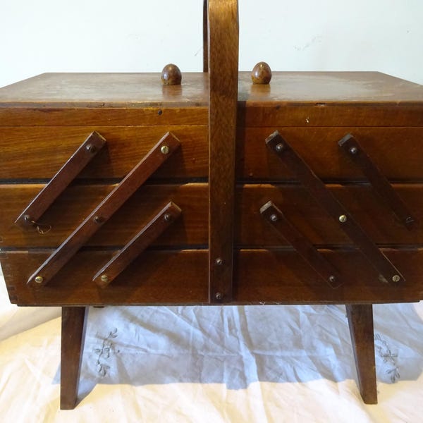 Vintage handmade oak wood sewing box of concertina design in lovely condition circa 1960's or earlier