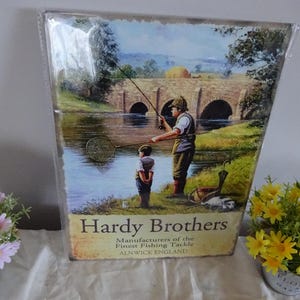 Vintage  Hardy Brothers tin and enamel advertising sign in fabulous condition finest fishing tackle Alnwick England  40 x 30cm