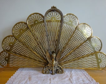 Vintage brass peacock fire screen/ 1950s  fantastic condition