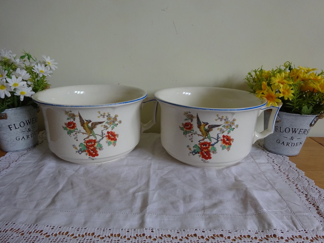 Vintage Pair of Matching Chamber Pots With Phoenix & Flower Decoration