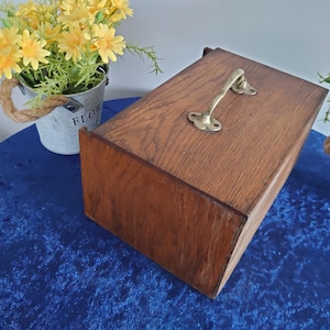 May include: A rectangular wooden box with a brass handle. The box is made of dark brown wood and has a hinged lid. The handle is curved and attached to the top of the box with two screws. The box is sitting on a blue surface.