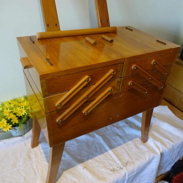 Vintage large handmade oak wood sewing box of concertina design in lovely condition circa 1950's handle removed for shipping purposes only