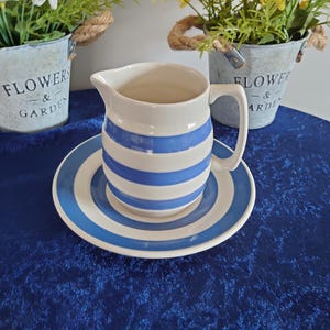 May include: A white ceramic pitcher with blue horizontal stripes, sitting on a matching saucer. The pitcher has a handle and a spout. The set is on a blue surface, with two small metal buckets of flowers in the background.
