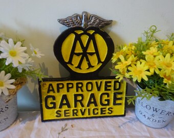 Letrero de pared de la Asociación de Automóviles Antiguos Auténticos, letrero de garaje de automóviles AA, letrero de pared de hierro fundido aprobado para servicios de garaje, 23 x 20 cm