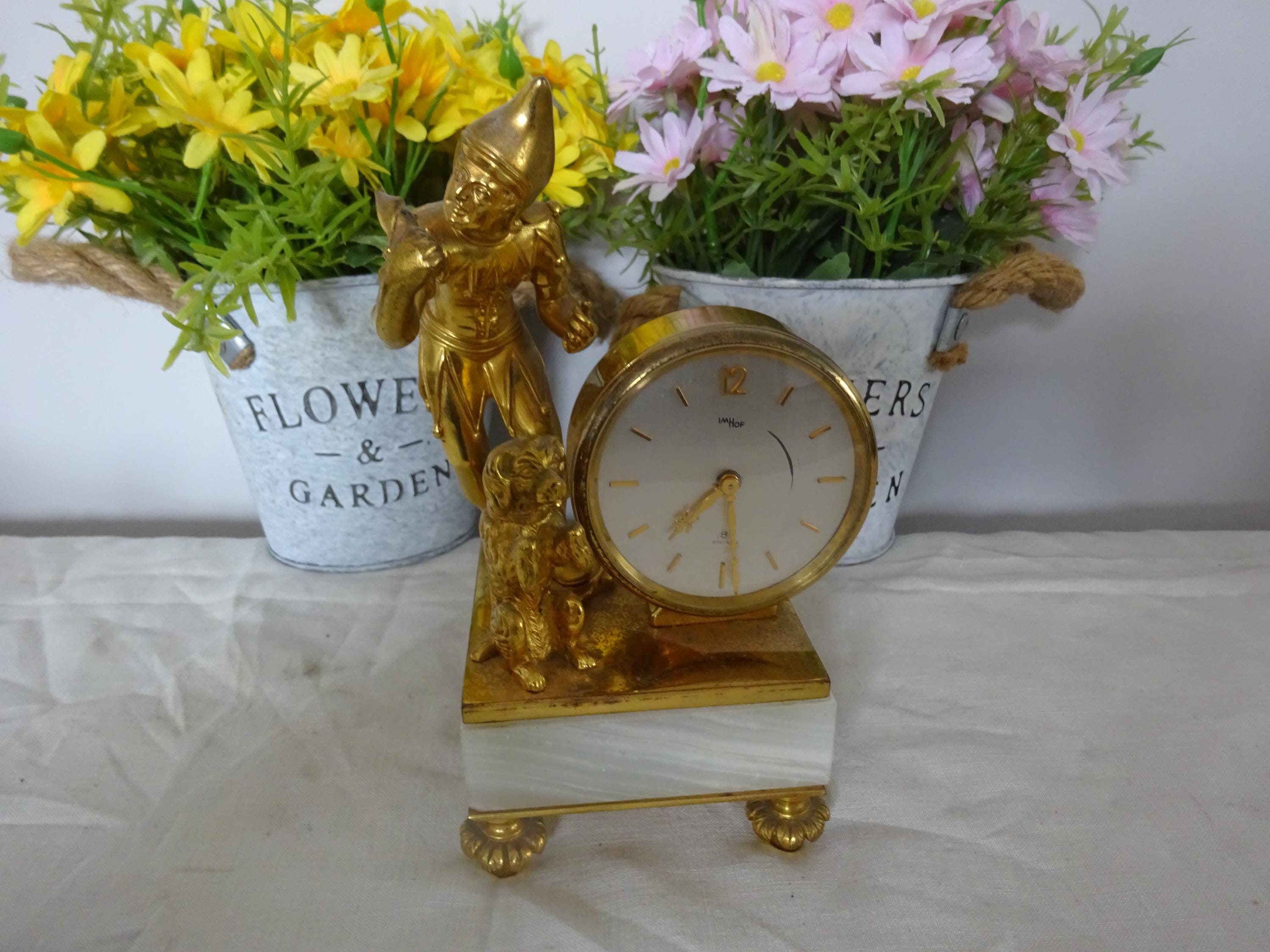 Vintage Swiss Made Imhof Desk Clock Mounted on a Marble Plinth in