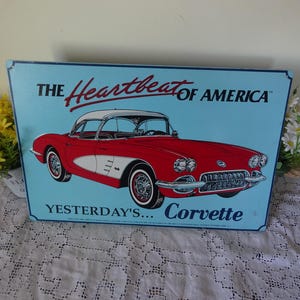 Vintage Corvette tin advertising sign made from pressed stamped tin with raised lettering & imaging 43 x 28 cm