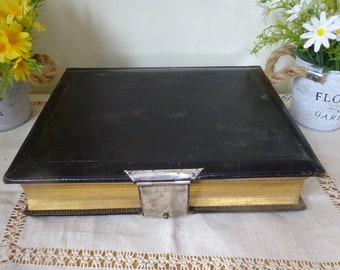 Victorian leather bound photo album with gold edging containing  35 Victorian photos plus empty spaces