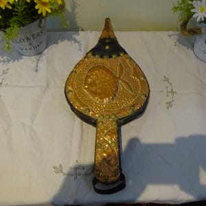 Vintage set of wooden fire bellows decorated with copper &  with brass  in great working condition 40 x 13 x 6 cm