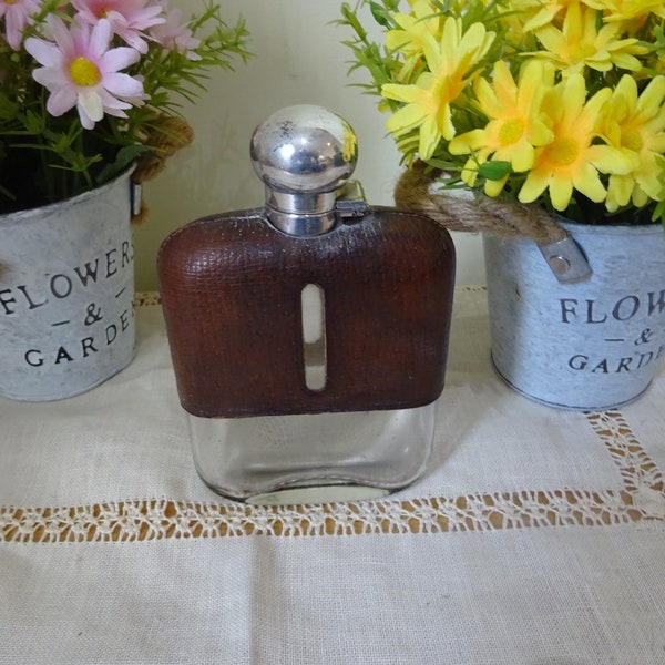 Vintage glass & leather hip flask with hinged locking top