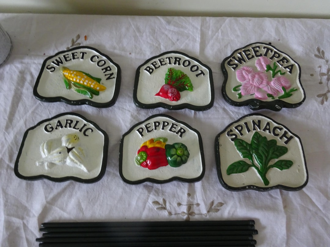 Metal Herb Markers - Cast Iron Hand Painted Vegetable / Salad / Flower ...