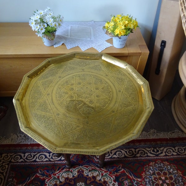 Vintage middle eastern design  Brass topped Table With Oak Fold Away Legs & Highly decorated brass top Islamic / oriental design