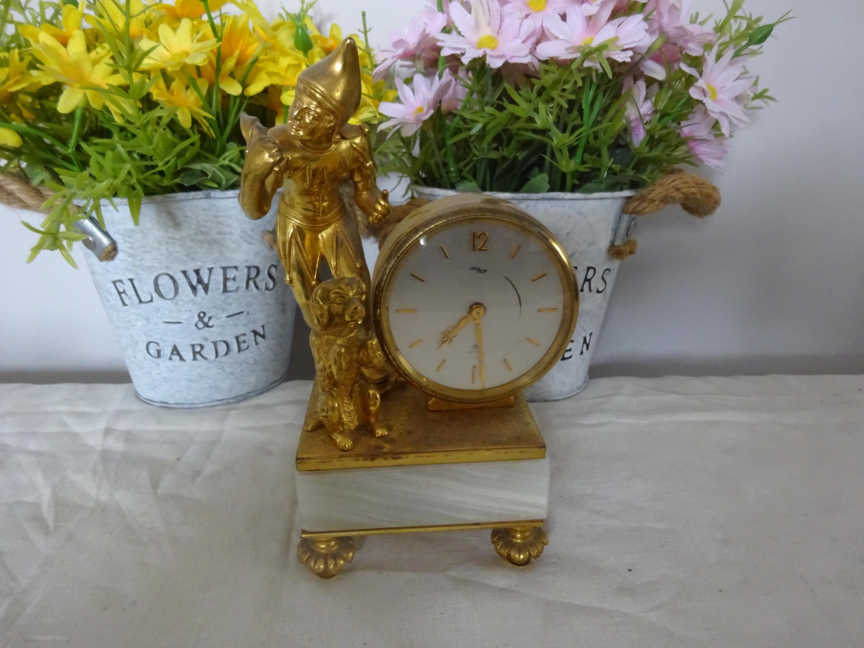 Vintage Swiss Made Imhof Desk Clock Mounted on a Marble Plinth in