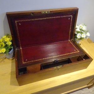 Large Victorian mahogany writing slope desk top stationary box red leather interior with full length draw & brass  handles 55 x 28 x 17cm