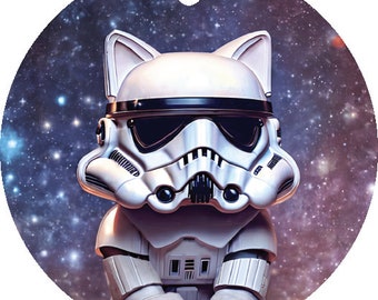 May include: A white cat wearing a white Stormtrooper helmet against a dark blue and purple galaxy background.