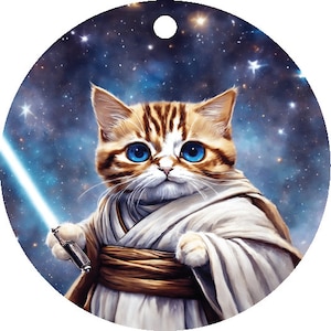 May include: A white cat with brown stripes dressed as a Jedi Knight, holding a blue lightsaber, against a dark blue starry background.