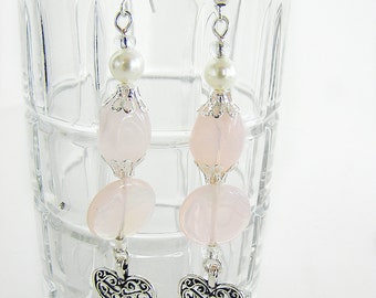 Handmade Pink Glass Beaded Earrings with a Silver Heart Charm, Long Earrings