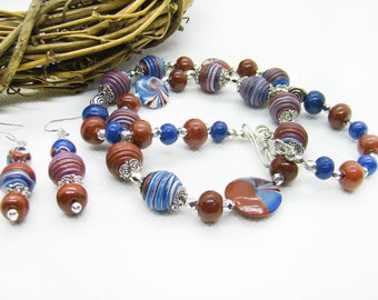 Handmade Blue Clay Beaded Necklace, Beaded Blue Necklace, Clay Necklace, Clay Jewelry, Beaded Earrings, Clay Earrings, Silver Beads