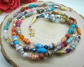 Handmade Paper Bead Necklace: Layered Statement Jewelry, Gold Clasp