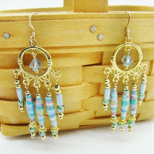 Blue Dangle Earrings, Chandelier Earrings, Beaded Earrings, Drop Earring, Boho Earrings, Paper Bead Earrings, Blue Earrings, Paper Jewelry