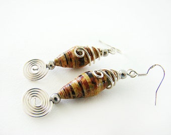 Wire Wrapped Paper Earrings, Handmade Paper Bead Earrings, Silver Wrapped Earrings, Bead Earrings, Spiral Design Earring, Drop Earrings