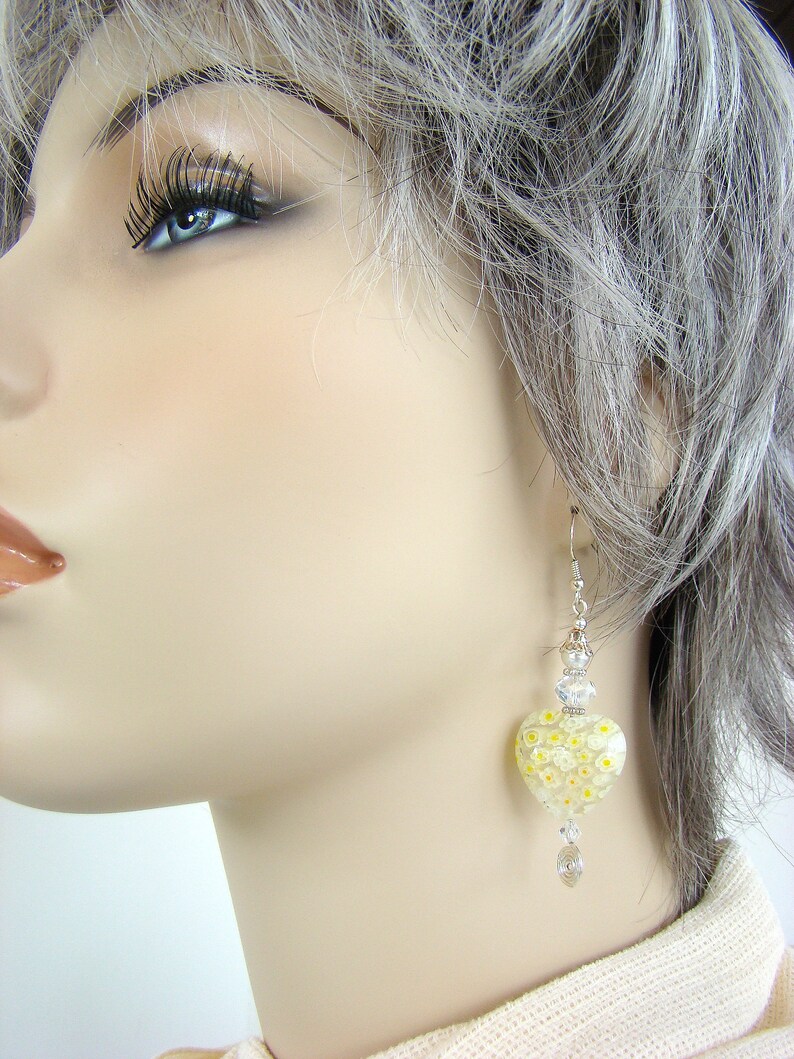 Long Earrings Yellow Heart Earrings Beaded Earrings Dangle Earring Yellow Earrings Pierced Earring Drop Earrings Handmade Earrings