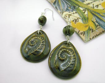 Olive Green Ceramic Beaded Earrings: Sterling Silver Boho Dangles, Women's Earrings