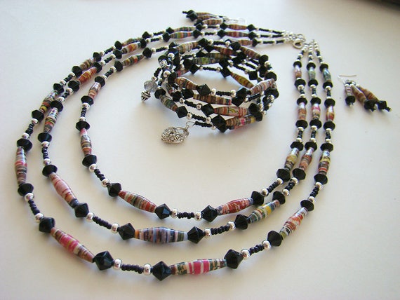 Black & Silver Beaded Necklace, Handmade Necklaces, Paper Bead Jewelry, Beaded Bracelets, Beaded Earrings, Layered Necklaces, Wrap Bracelets