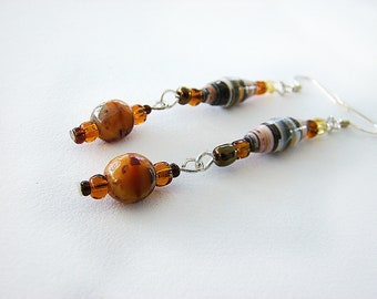 Camouflage Paper Bead Earrings, Handmade Earrings, Long Earrings, Dangle Earring, Drop Earrings, Rust Jewelry, Pierced Earrings