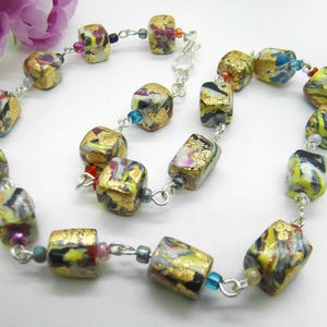 Handmade Clay Necklace, Polymer Clay Necklace with Gold Foil, BoHo Necklace, Chained Necklace, Clay Beaded Necklace, Beaded Necklace