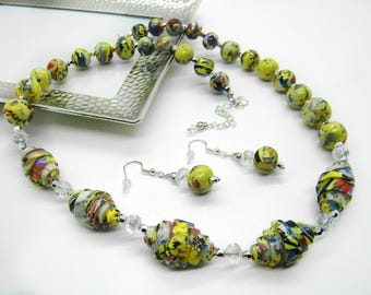 Handmade Yellow Clay Beaded Necklace and Earrings Set
