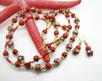 Red Clay Beaded Necklace & Earrings Set, Handmade Beads, Red Jewelry, Women's Necklaces