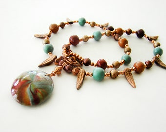 Boho Style Copper Beaded Necklace: Handmade Clay Pendant, Fall Colors, Women's Necklaces