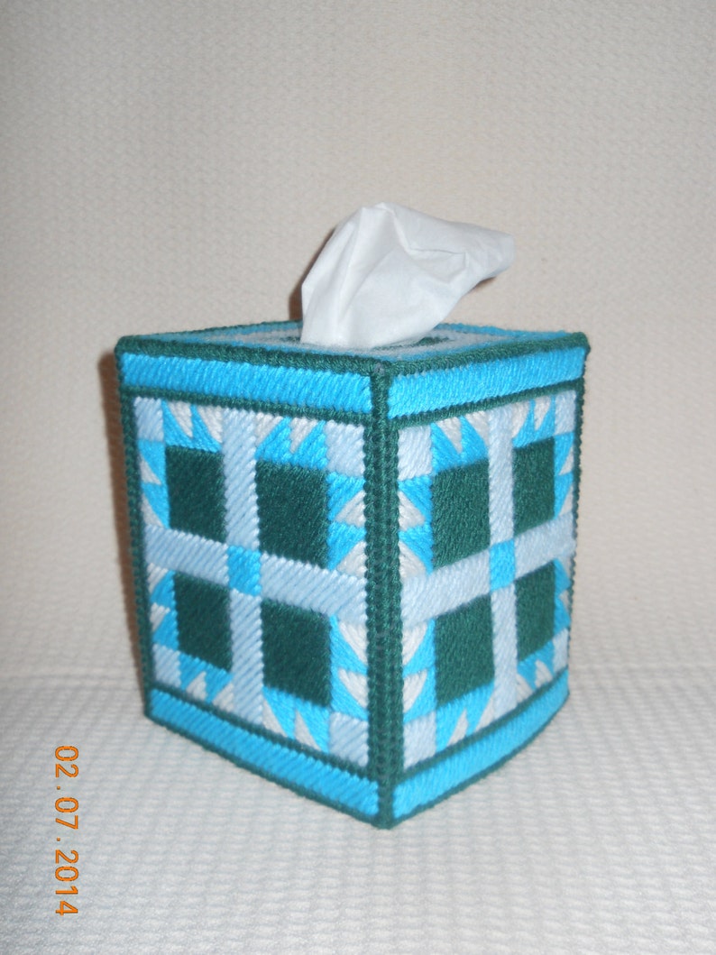 Quilt block aqua tissue box cover kleenex plastic canvas Etsy