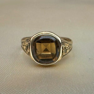 Antique German Smoky Quartz Ring, Art Nouveau 6k Gold Ring, US Size 9