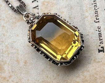 Silver Art Deco Citrine Pendant, Mid-Century German Pendant on a Chain