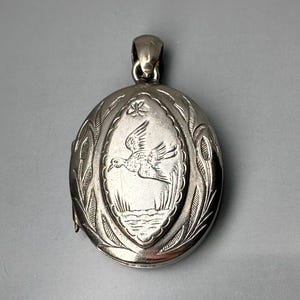 Antique Photo Locket, Bird Engraved Floral Keepsake, 800 Silver, Silver Bird Locket