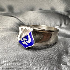 Antique German Silver Enamel Harp Signet Ring, US Size 11.5