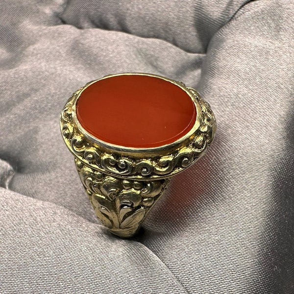 Vintage German Carnelian Signet Ring: Gold Plated Art Deco, US Size 8.5