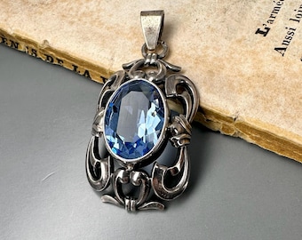 Antique German Silver Blue Spinel Pendant, Art Deco Pendant