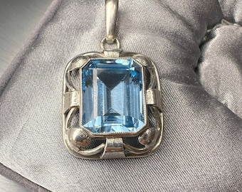 Antike deutsche blaue Spinell Anhänger, handgefertigte 800 Silber Anhänger, Art Deco