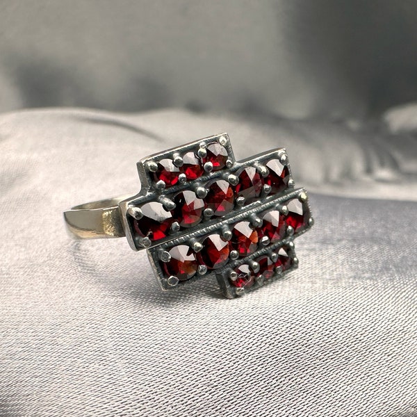 Silver Garnet Ring, Antique German Ring, Garnet Cluster Ring, Woman's Ring, US Size 6